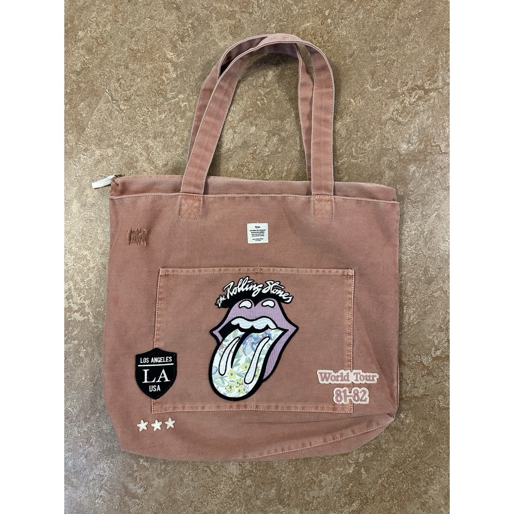 Rolling Stones Typo World Tour 81-82 Dusty Rose Large Zip Tote Bag